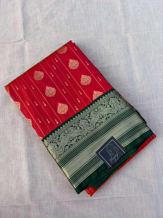 Kanjivaram Silk Saree - Red & Green with Zari Border