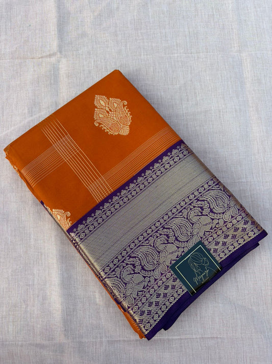 Kanjivaram Silk Saree - Bright Orange with Gold Paisley Butta & Purple Silver Zari Border