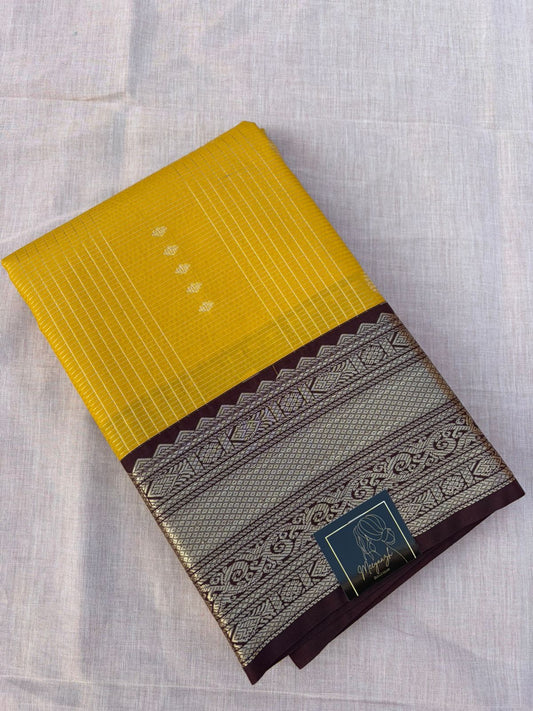 Kanjivaram Silk Saree - Mustard Yellow with Silver Zari Stripes & Maroon Border