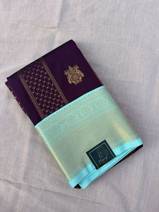 Kanjivaram Silk Saree - Deep Purple with Gold Zari Buttas & Aqua Blue Border