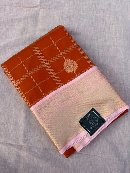Kanjivaram Silk Saree - Rust Orange with Gold Zari Checks & Pink Border