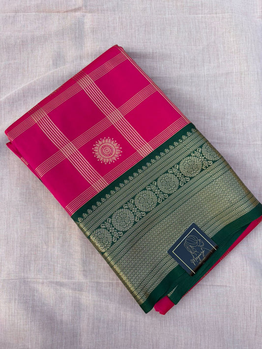 Kanjivaram Silk Saree - Hot Pink with Gold Zari Checks & Green Border